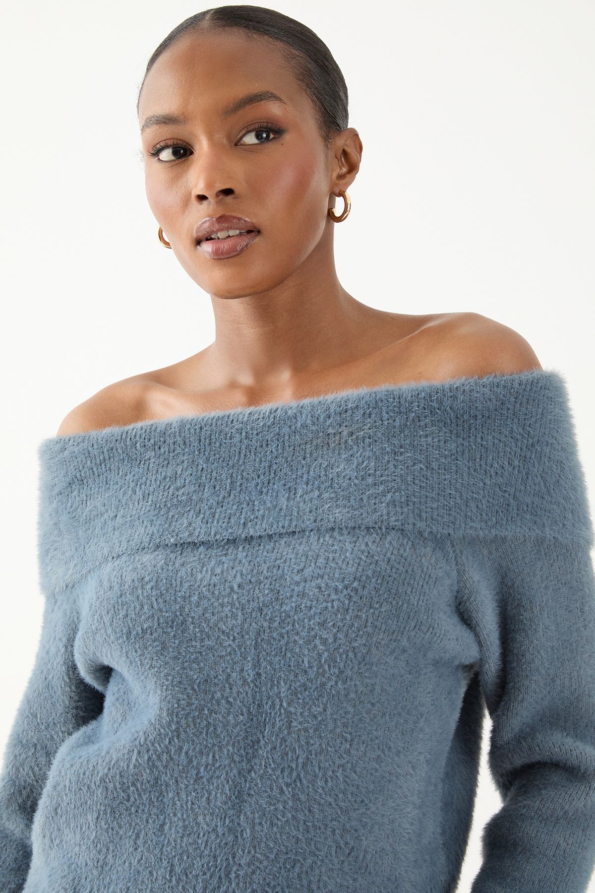 MissPap Eyelash Knit Fold Over Detail Top Slate Blue image 3