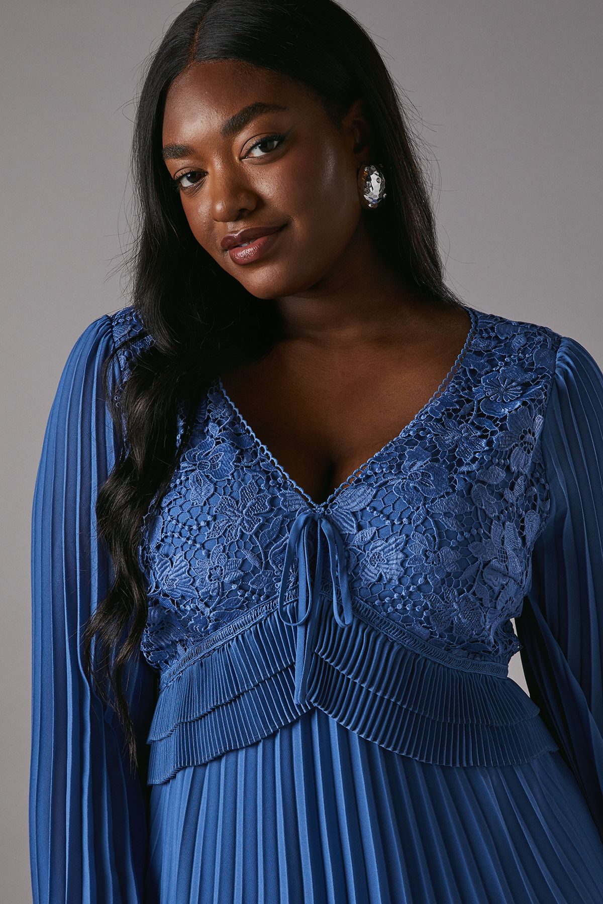 Coast Plus Lace Insert Long Sleeve Pleat Dress Blue image 3