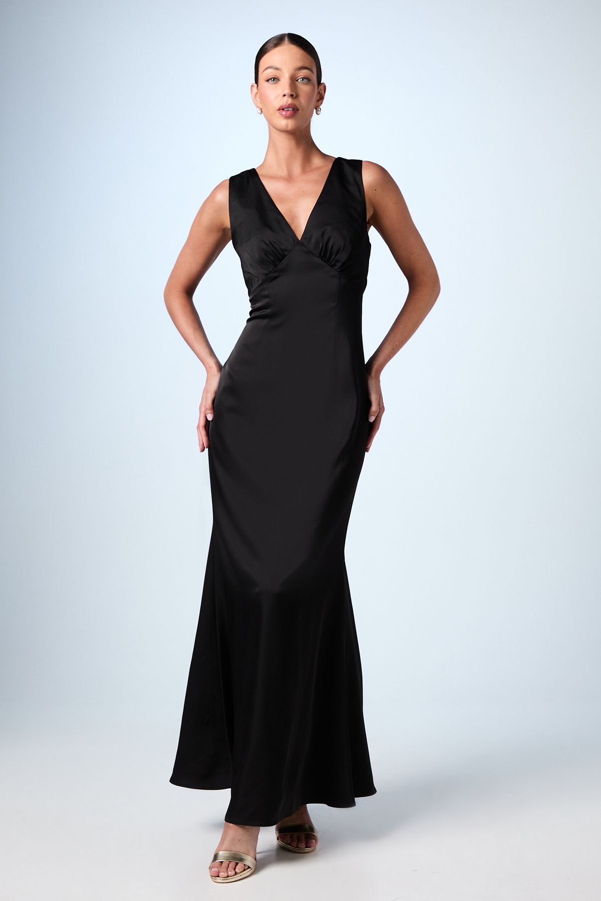 Coast Bow Back V Neck Satin Bridesmaid Dress Black image 1
