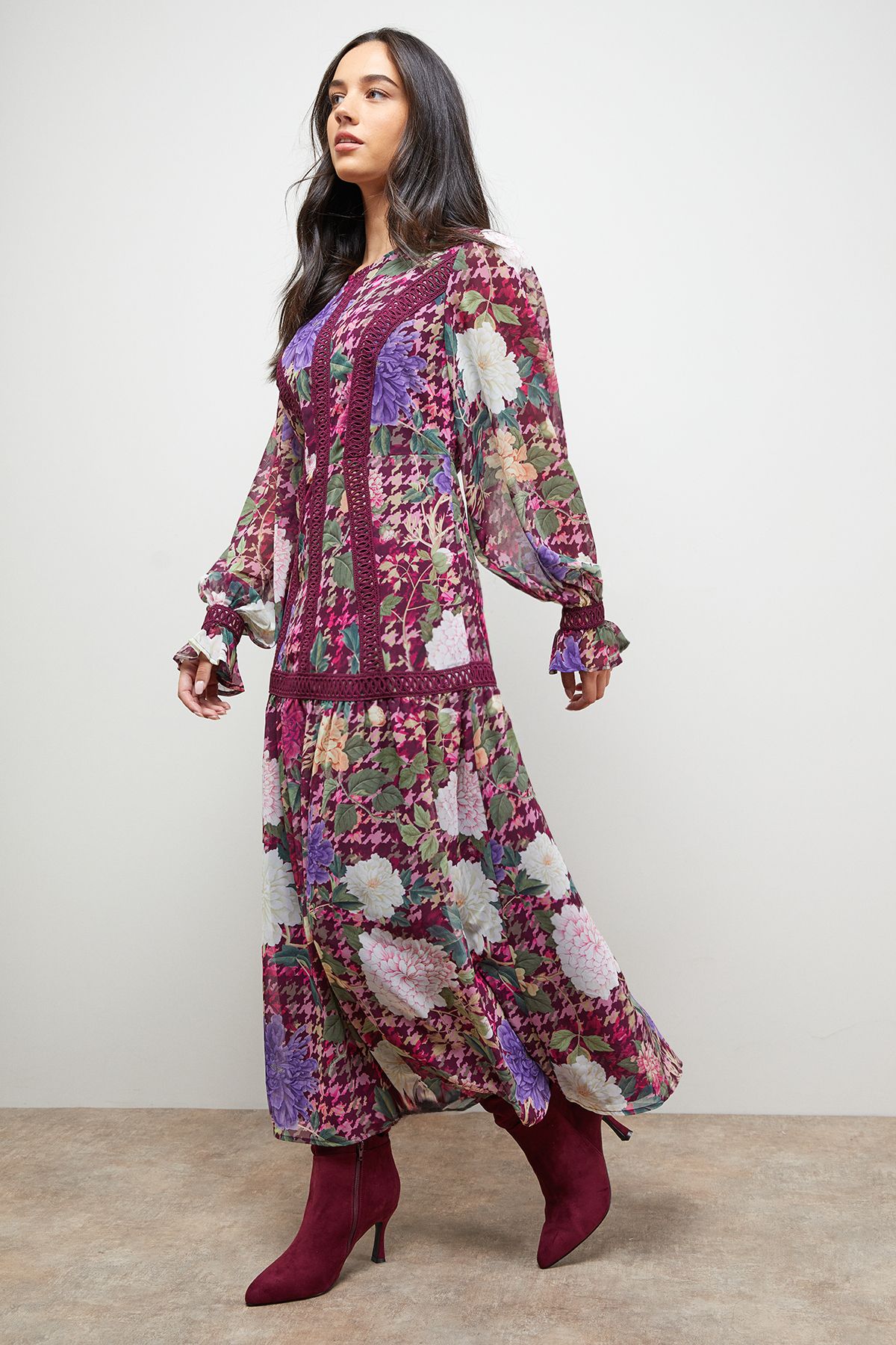 Oasis Lace Detail Balloon Sleeve Drop Hem Midi Dress Floral image 4