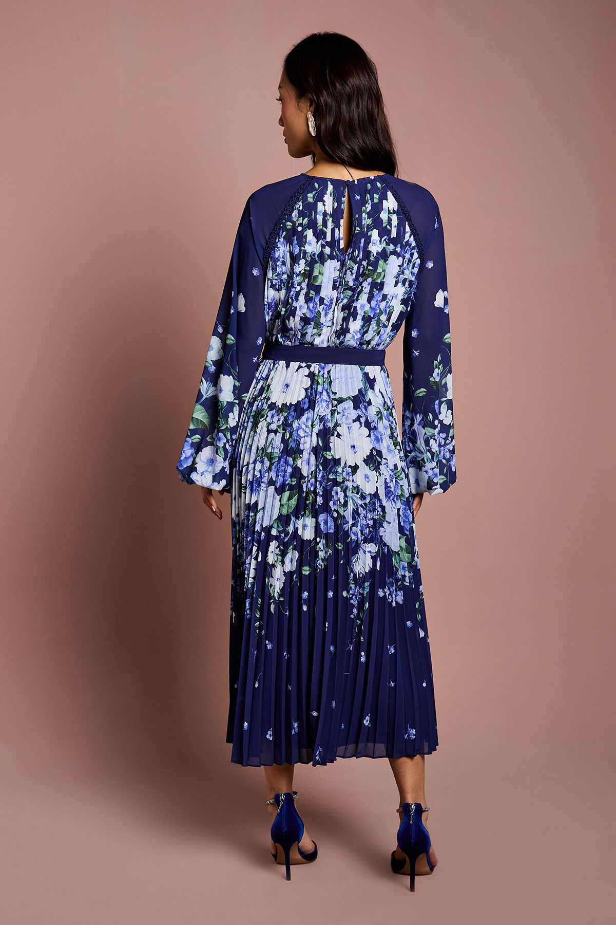 Coast Long Sleeve Floral Pleated Georgette Midi Dress Navy image 3