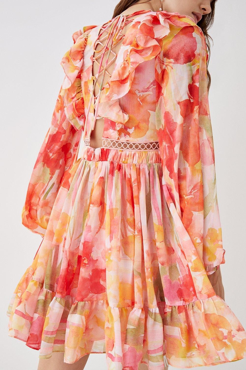 Coast Printed Tie Back Ruffle Detail Mini Dress Peach image 4