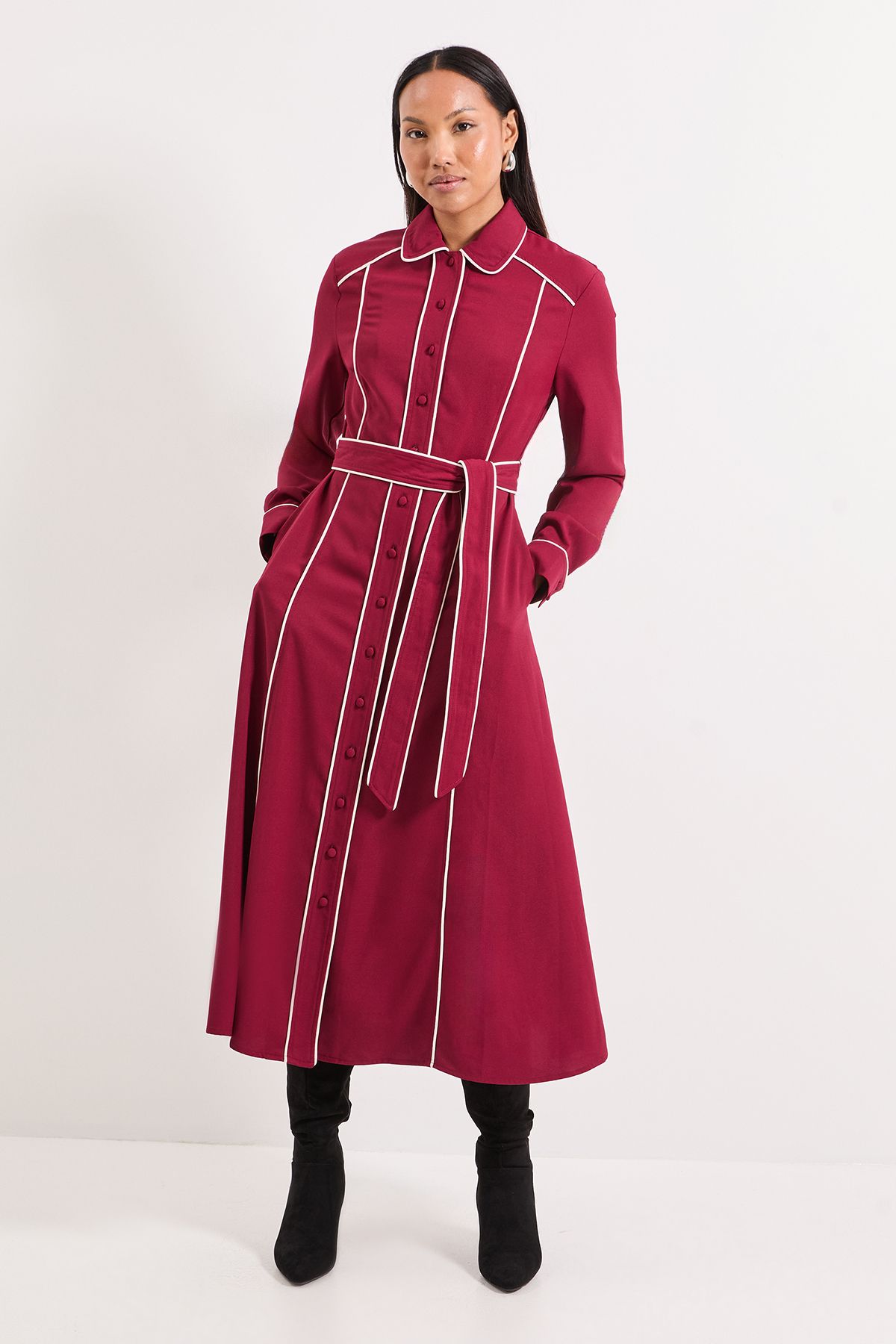 Principles Contrast Piping Detail Collared Midi Shirt Dress Berry image 1