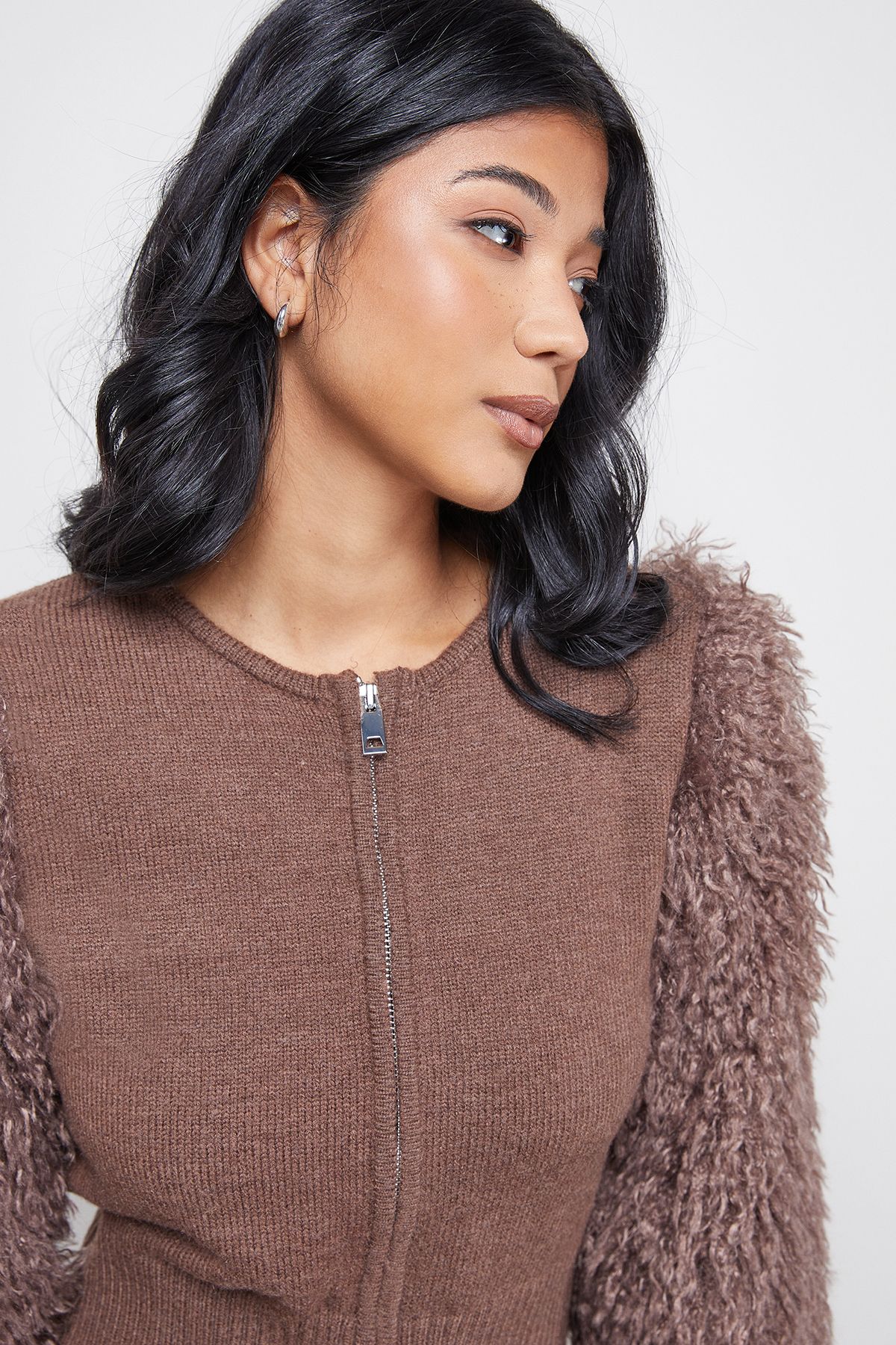 Warehouse Zip Up Fluffy Sleeve Cardigan Khaki image 4