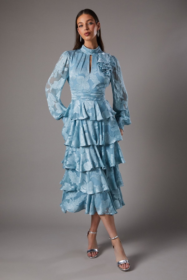 Coast Jacquard Tiered Midi Dress Ice Blue