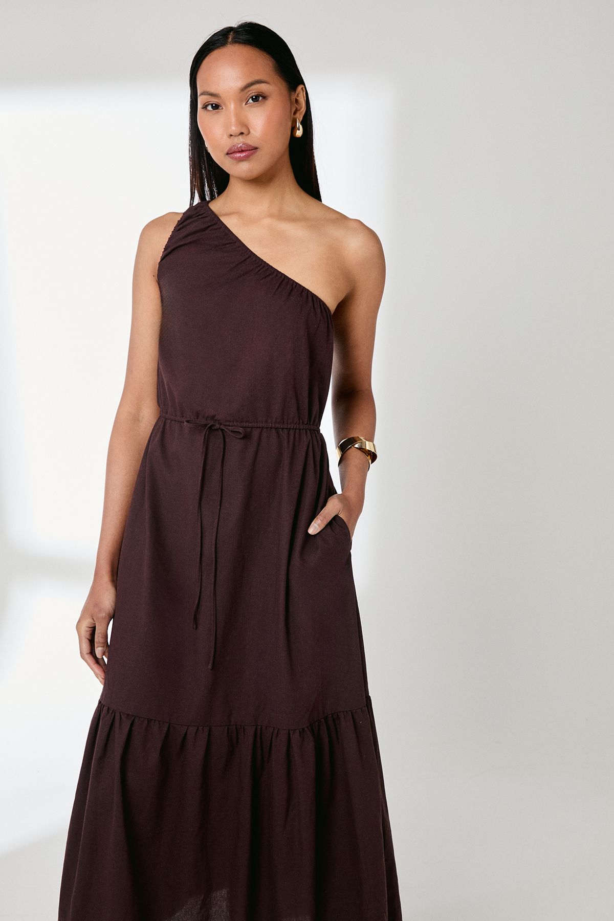 Principles One Shoulder Tiered Linen Mix Midaxi Dress Brown image 2