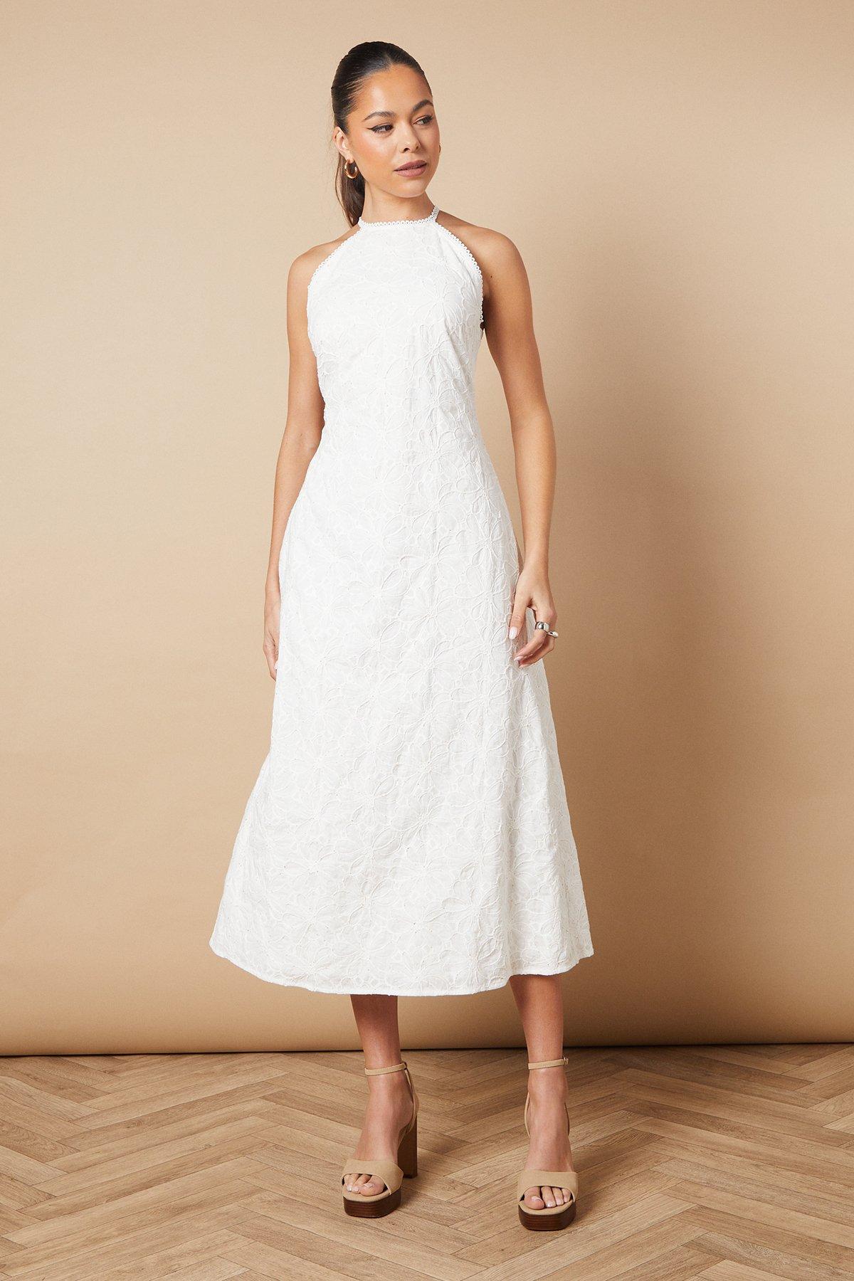 Oasis Floral Lace High Neck Midi Dress White image 2