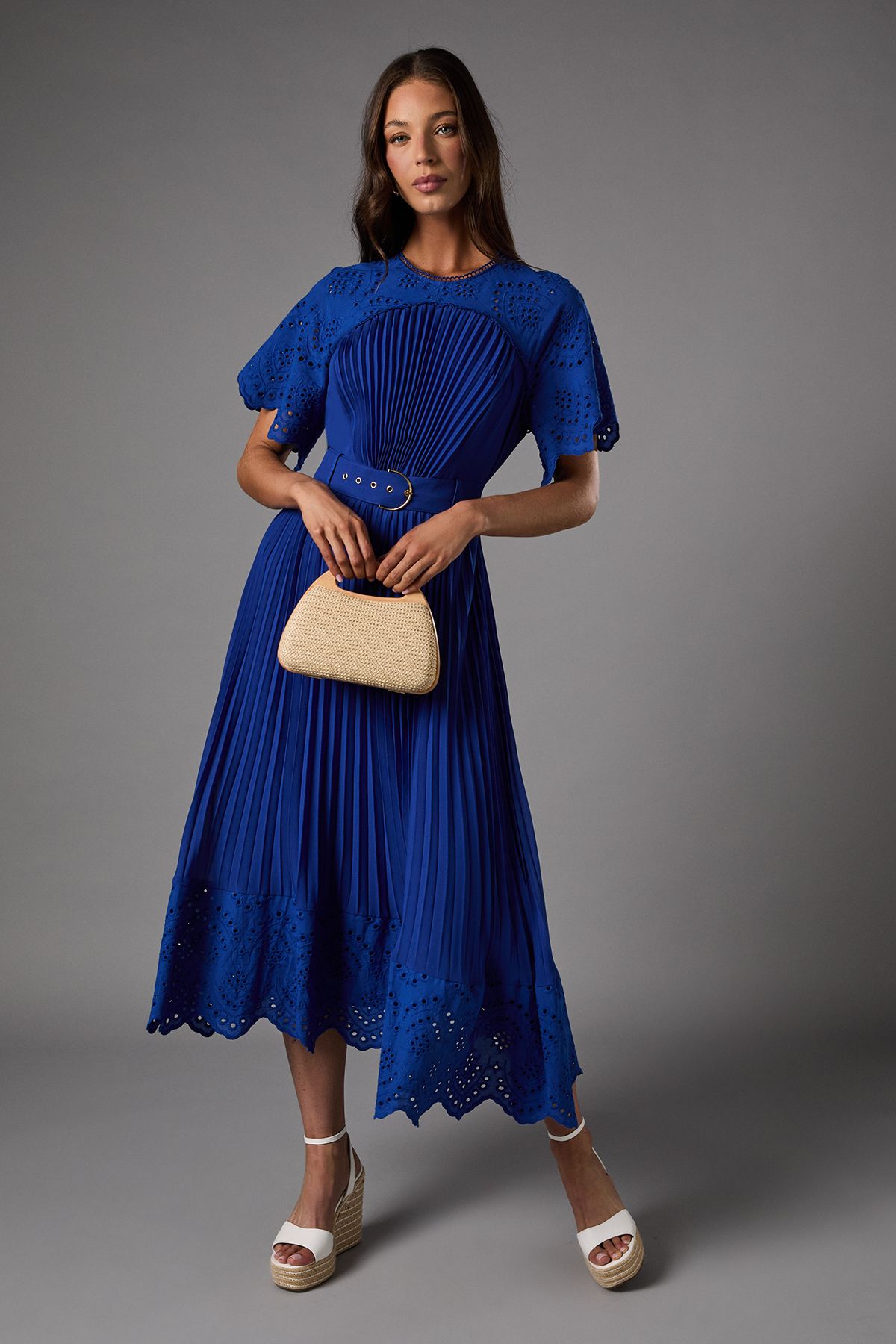 Coast Short Sleeve Pleated Chiffon Midi Dress With Broderie Trim Cobalt image 1