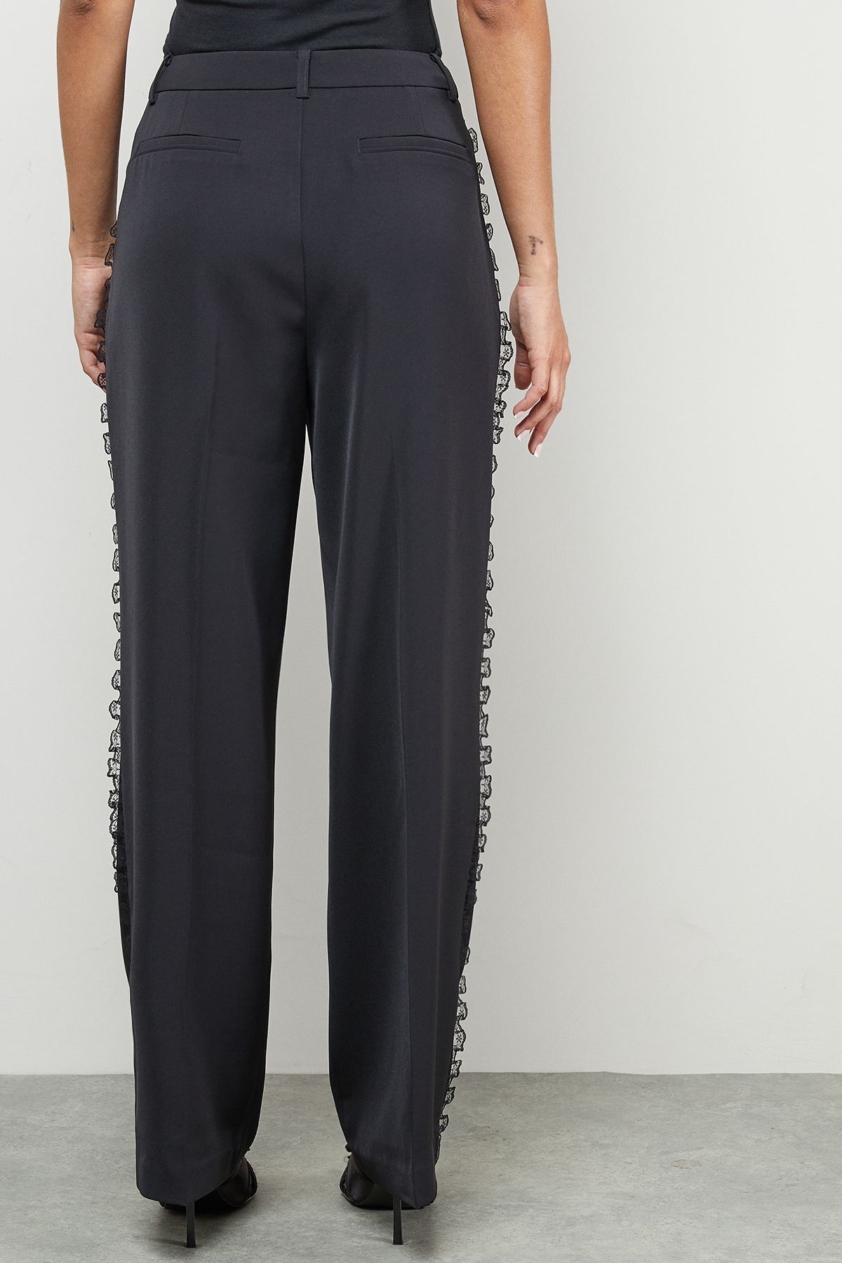 Warehouse Lace Frill Trim Wide Leg Trouser Black image 3