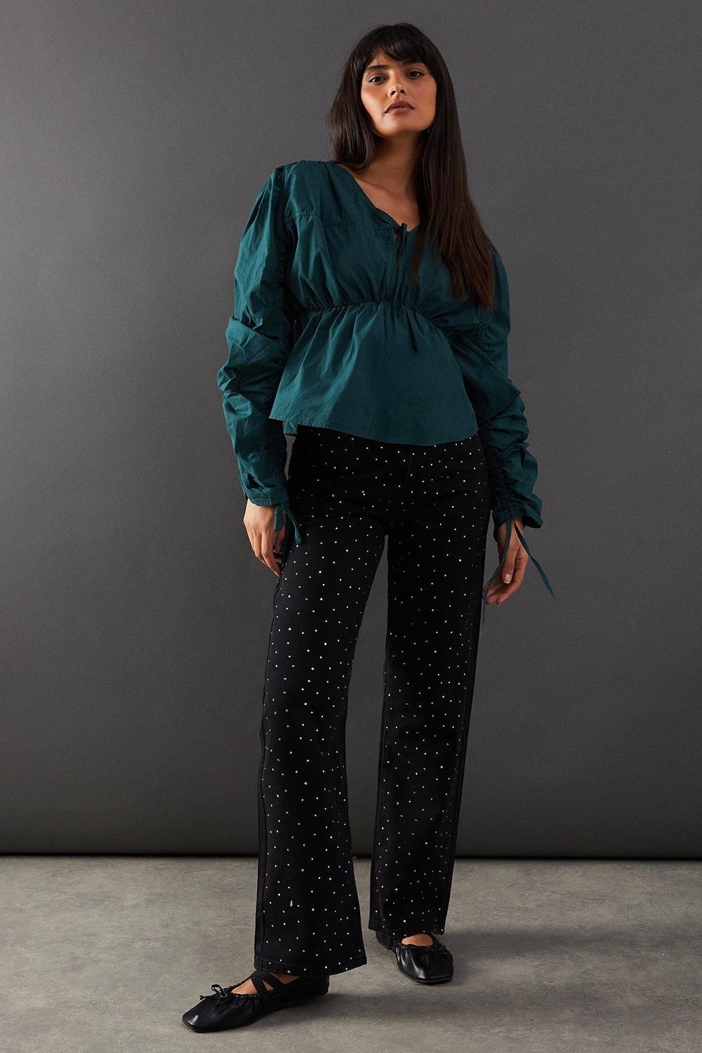 Warehouse Cotton Tie Front Volume Sleeve Blouse Dark Green image 2