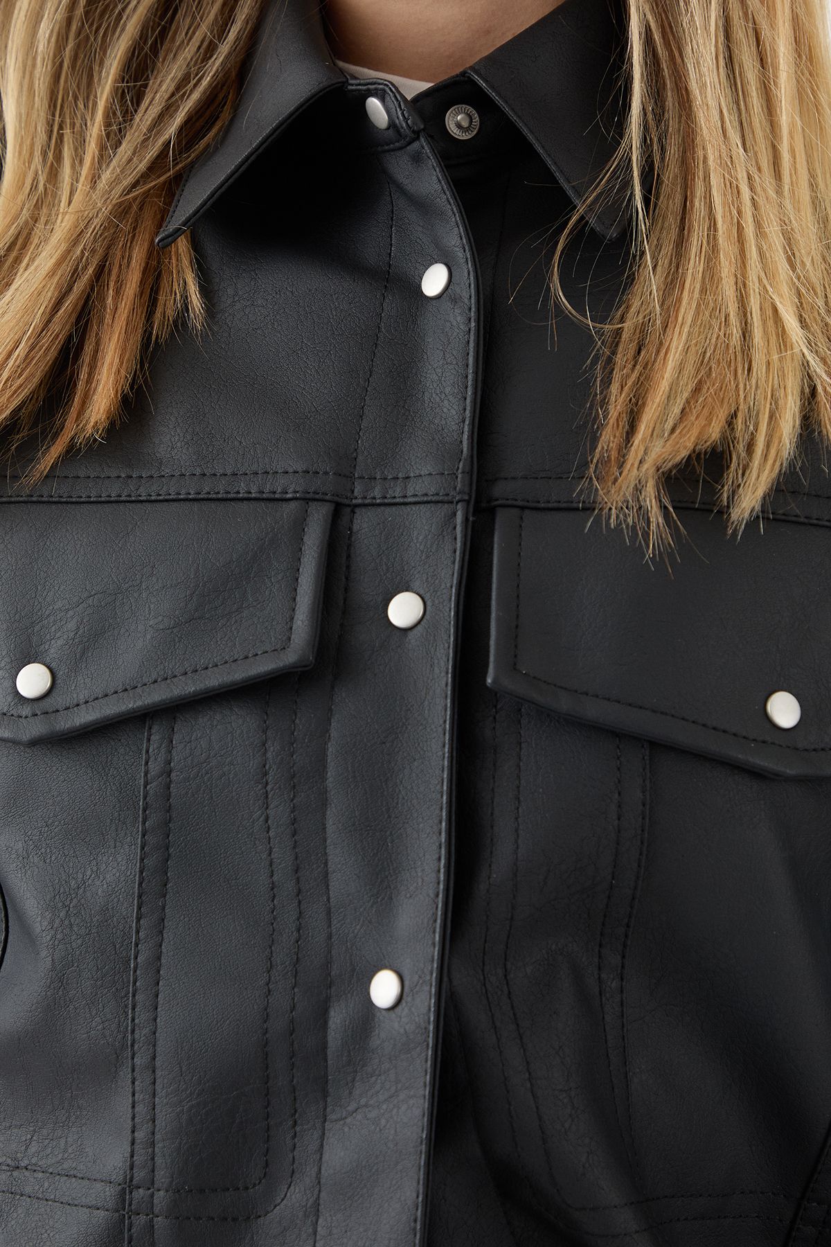 MissPap Faux Leather Shoulder Pad Shirt Black image 5