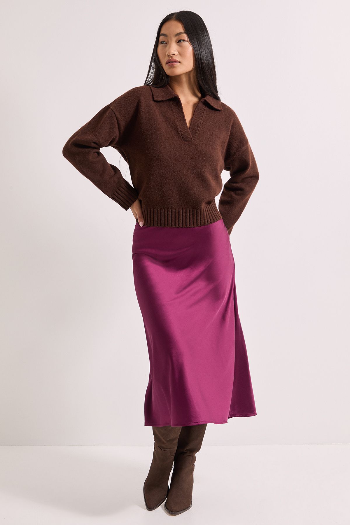 Dorothy Perkins Petite Satin Bias Cut Skirt Plum image 1
