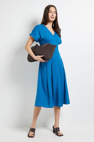 Principles Linen Blend Pleat Detail Midi Dress Blue