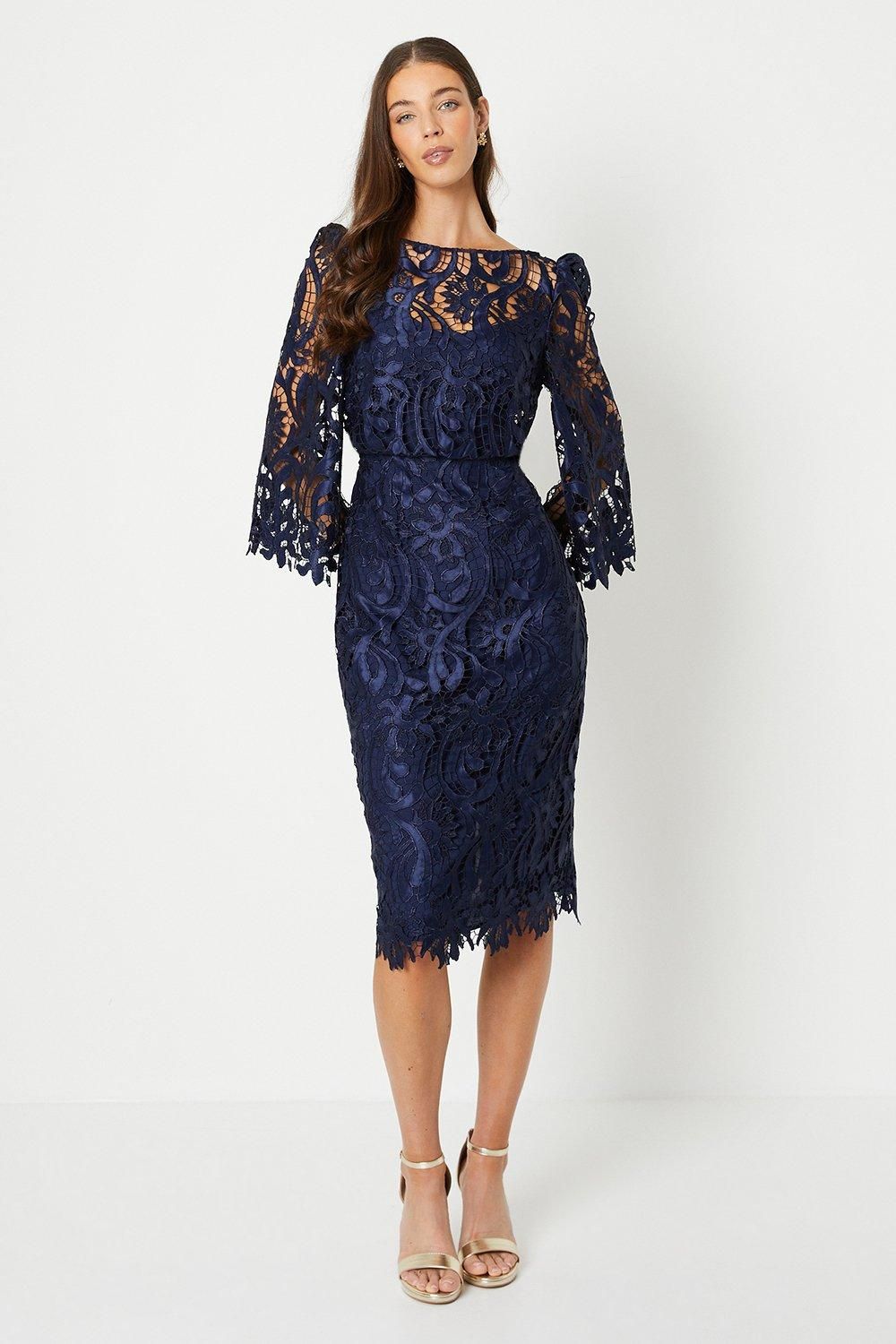 Coast Satin Lace Boat Neck Midi Dress With Fluted Sleeve Navy image 1