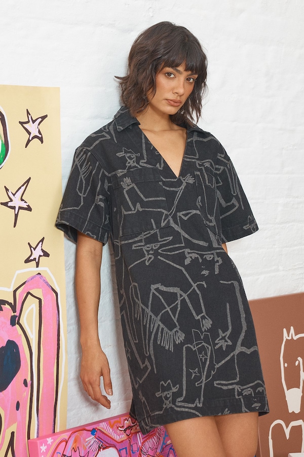 Warehouse Tony Printed Boxy Denim Mini Dress With Pockets Mid Blue