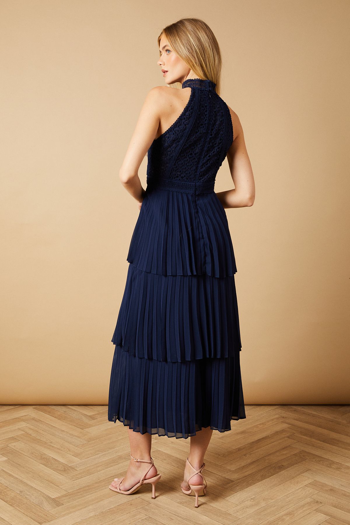 Oasis Lace Sleeveless Pleated Tiered Midaxi Dress Navy image 3
