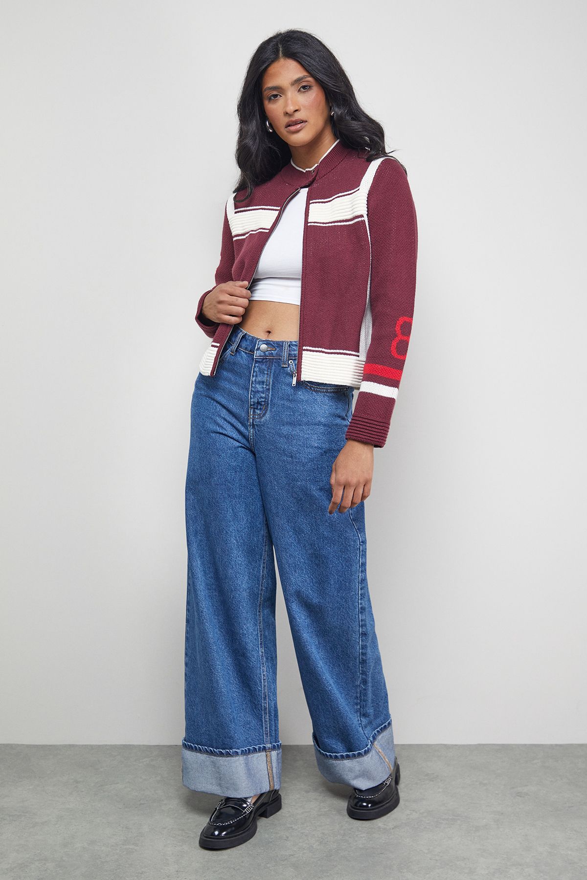 Warehouse Maroon Knitted Zip Detail Motor Cardigan Maroon image 2