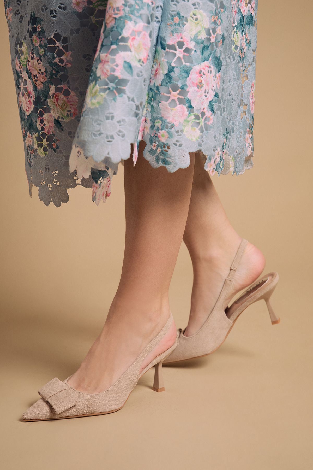 Oasis Kiki Faux Suede Bow Detail Stiletto Heel Court Shoes Beige