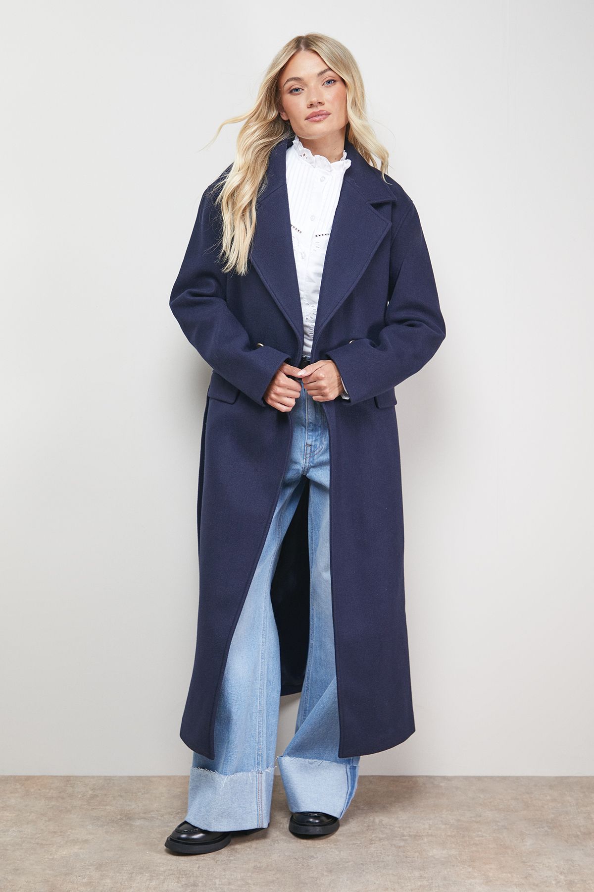 Oasis Tie Belt Detail Midi Coat Navy image 3