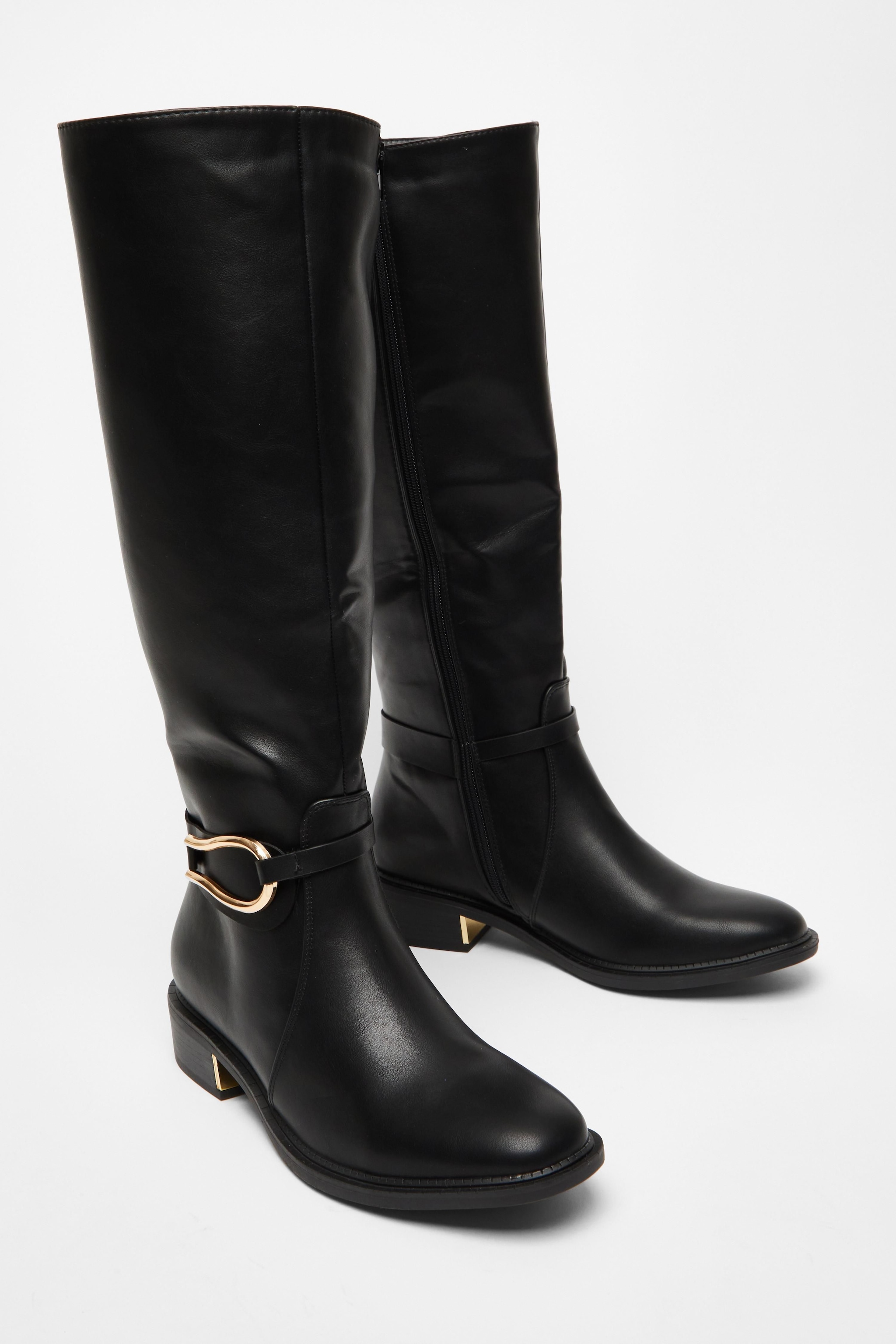 Quiz Black Wide Fit Faux Leather Knee High Flat Boots image 2