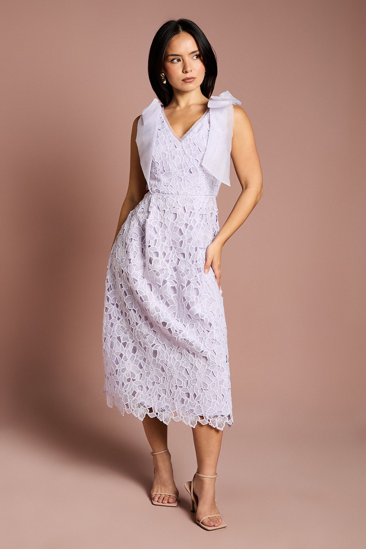 Coast Petite Bow Shoulder Organza Lace Midi Dress Lilac image 1