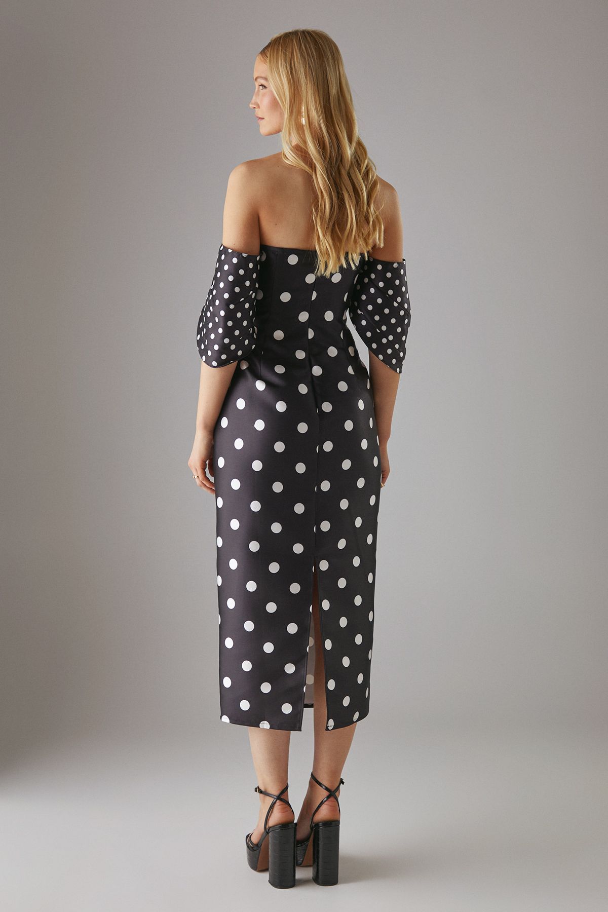 Warehouse Spot Structured Puff Sleeve Bardot Midi Dress Mono image 3