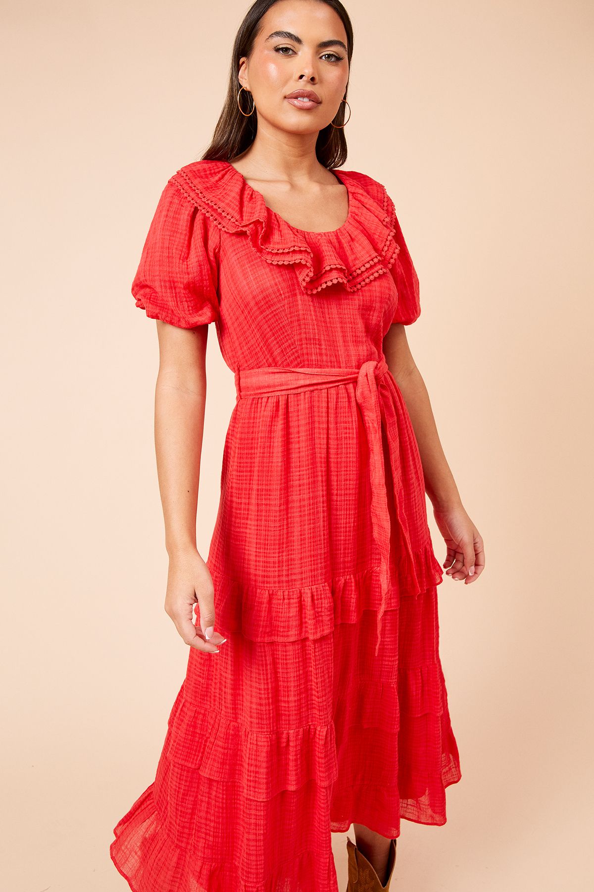 Dorothy Perkins Scoop Neck Ruffle Tiered Midi Dress Red image 2