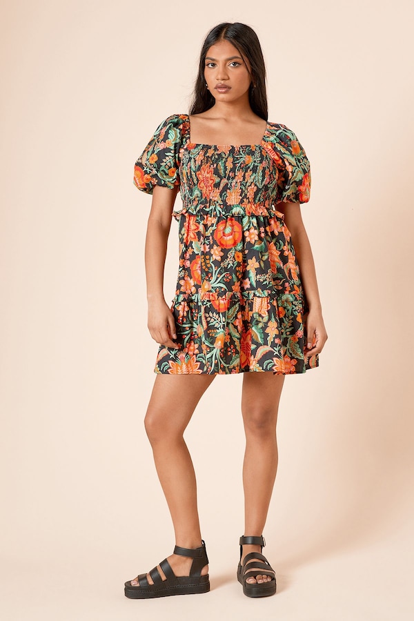 Dorothy Perkins Petite Shirred Bodice Mini Dress Floral