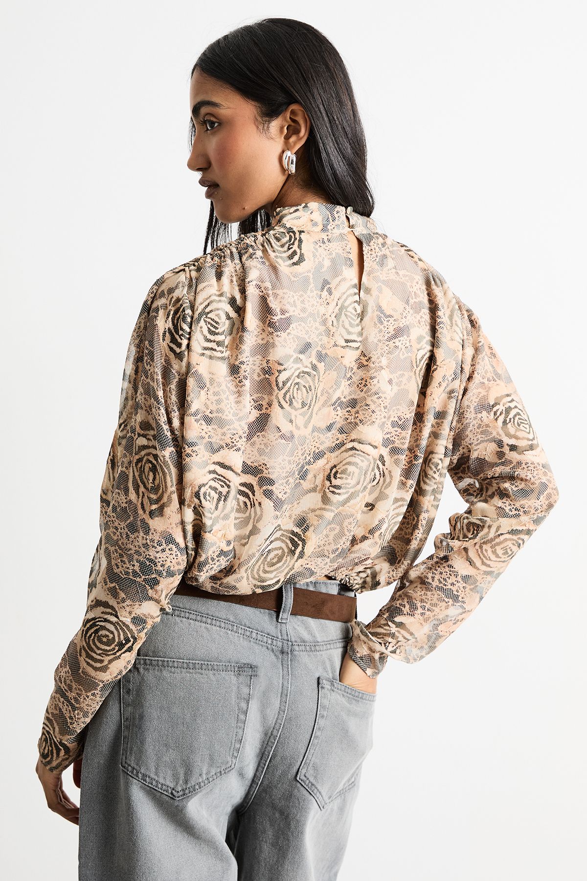 Warehouse Burnout Chiffon Printed Extreme Shoulder Blouse Brown image 3