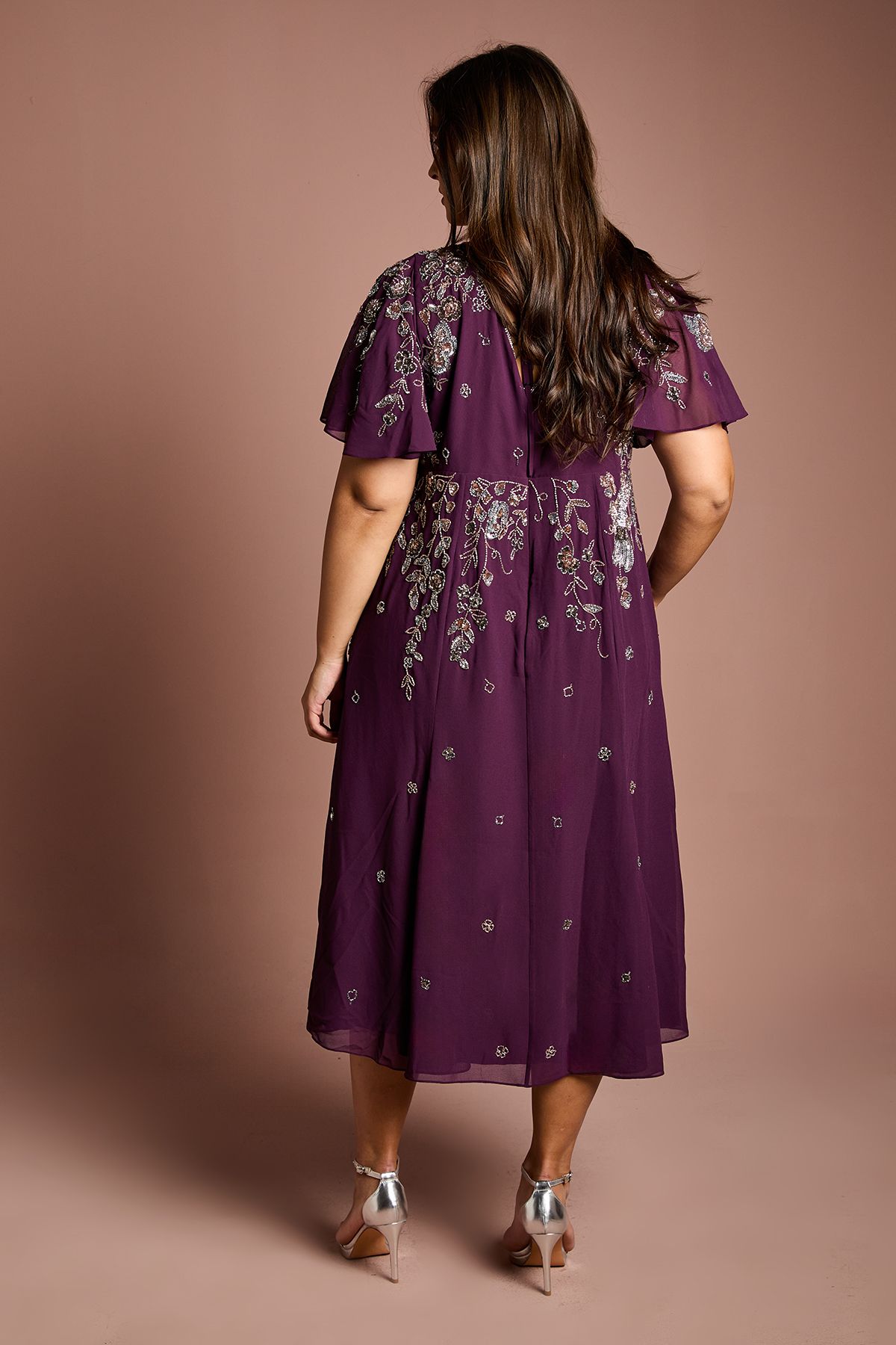 Coast Plus Floral Embellished Flutter Sleeve Midi Dress Wine image 3
