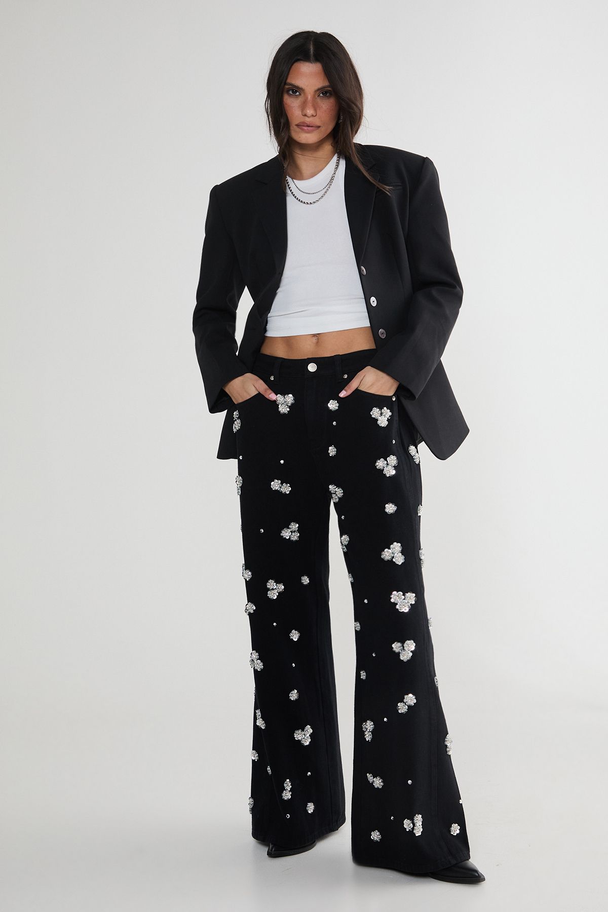 NastyGal Limited Embellished Flower Applique Jean Washed Black image 1
