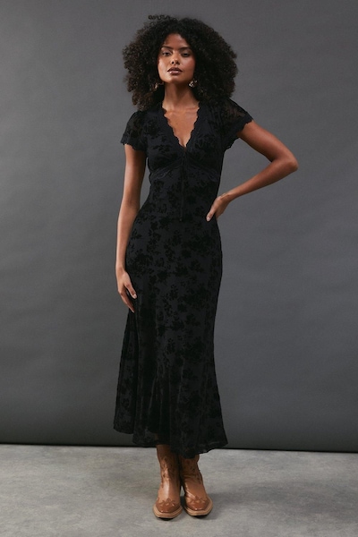 Warehouse Velvet Mesh Lace Insert Midi Tea Dress Black