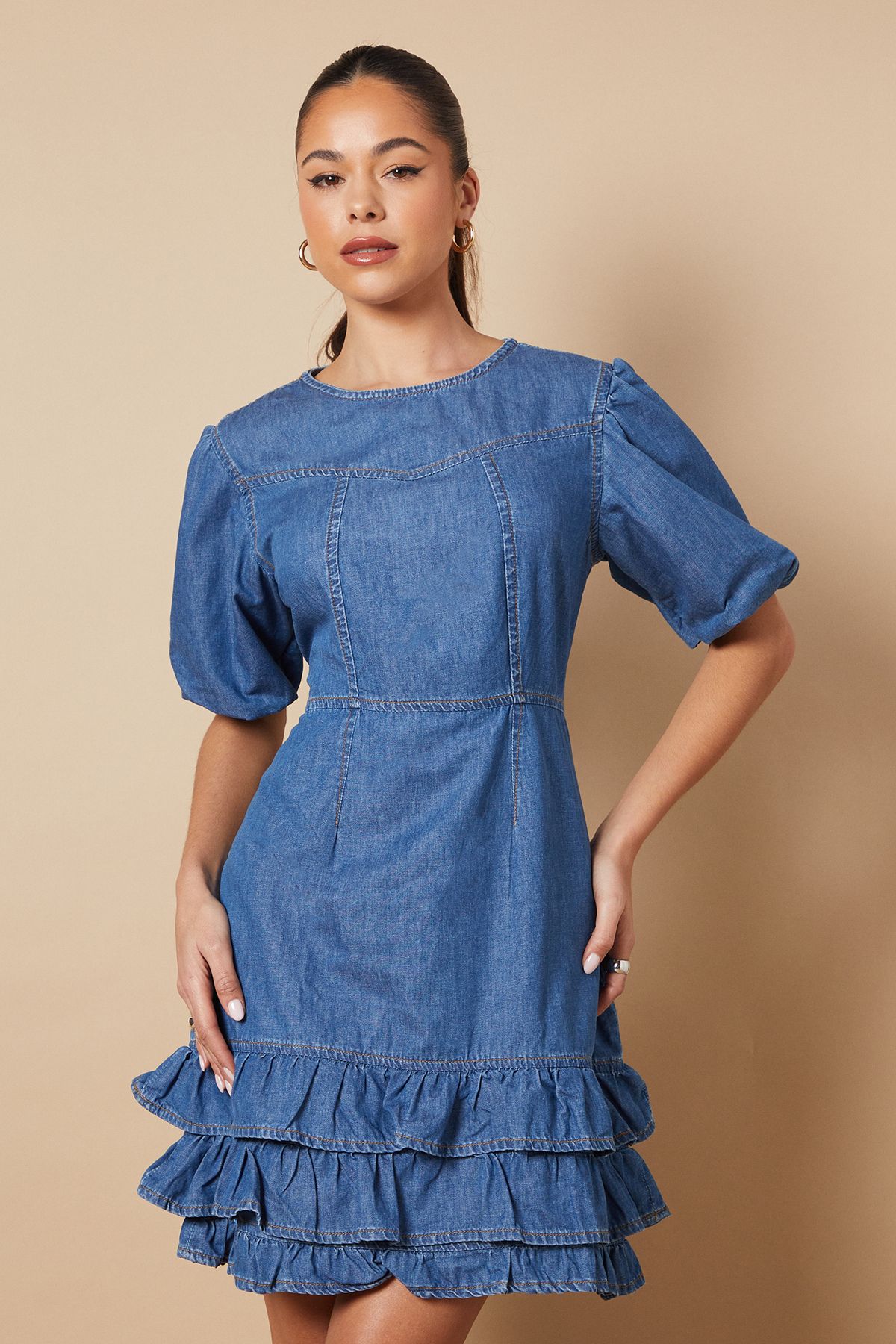 Oasis Short Puff Sleeve Detail Denim Mini Dress Mid Wash image 4