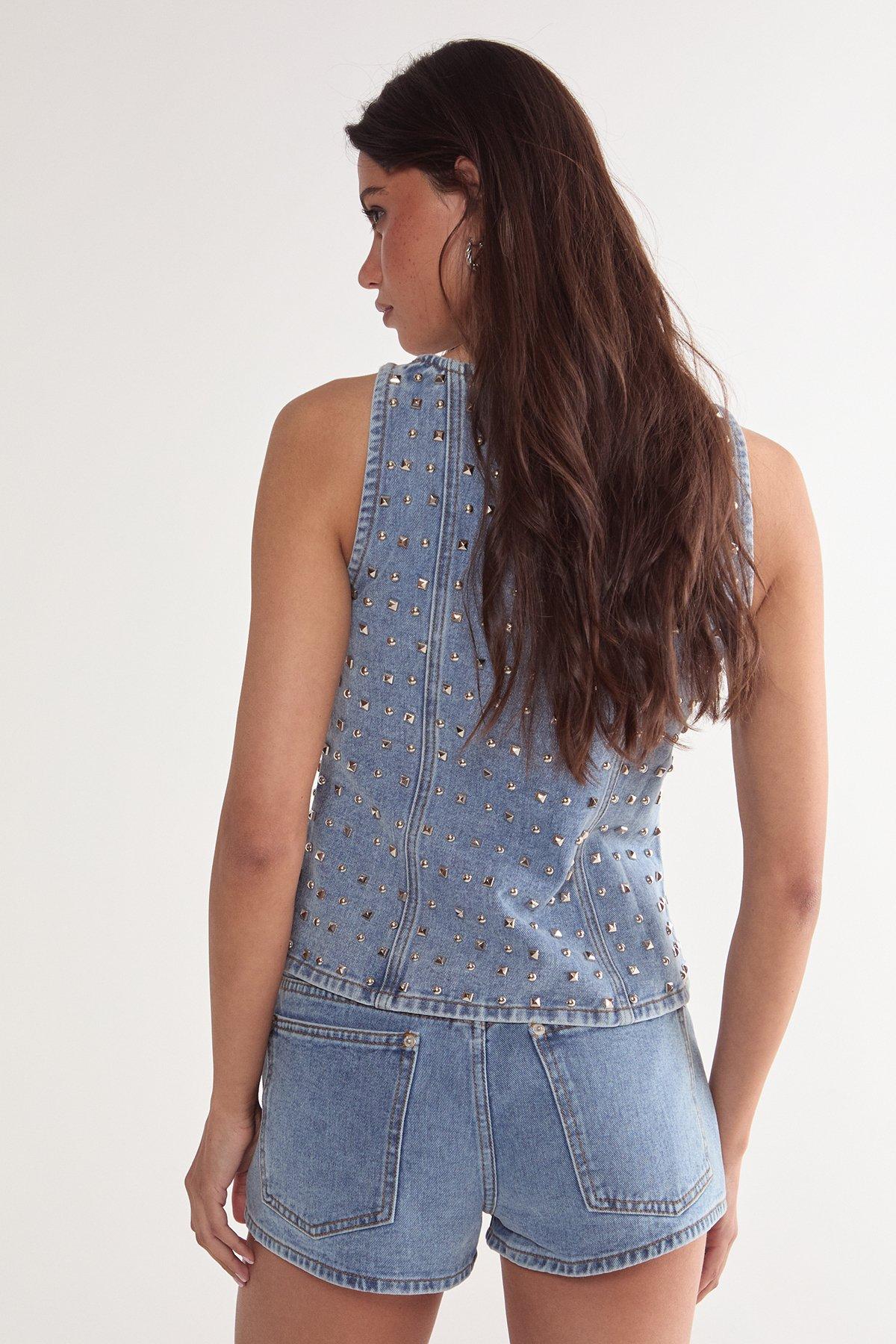 NastyGal Studded Denim Corset Top Vintage Wash image 4