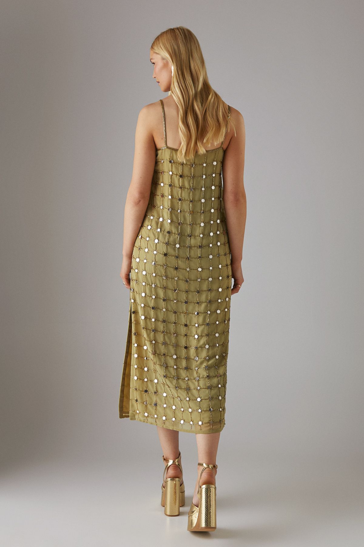 Warehouse Hand Embellished Sequin Grid Strappy Column Midi Dress Sage image 3