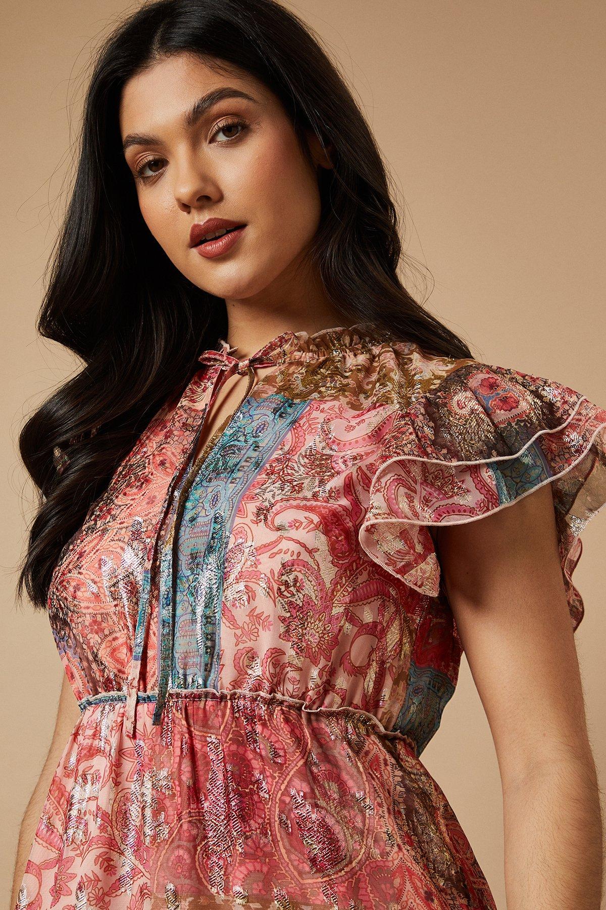 Oasis Patchwork Print Metallic Jacquard Tiered Midi Dress Multi image 3