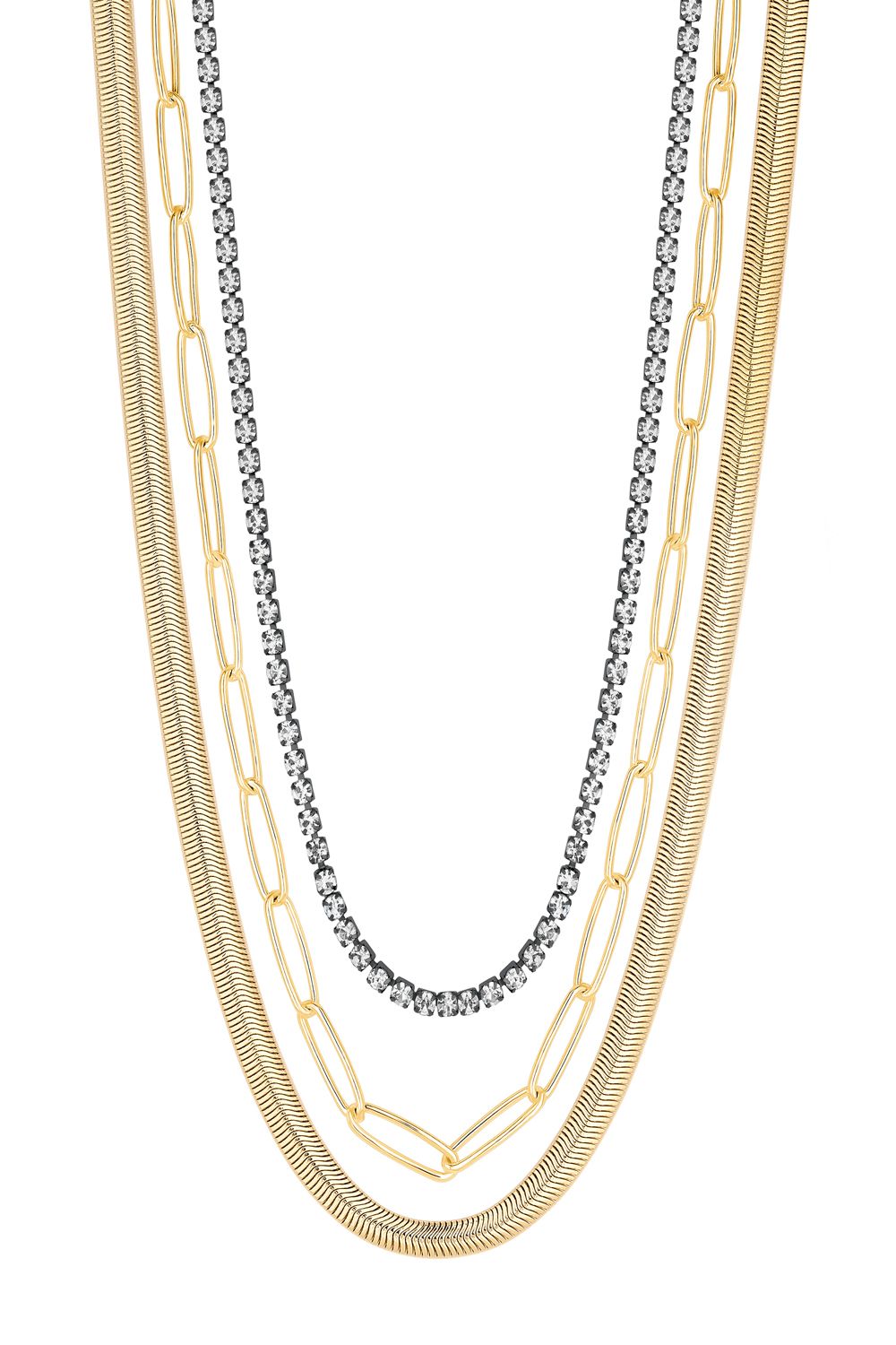 Mood Two Tone Crystal And Chain Layered Necklace - Pack of 3 image 3