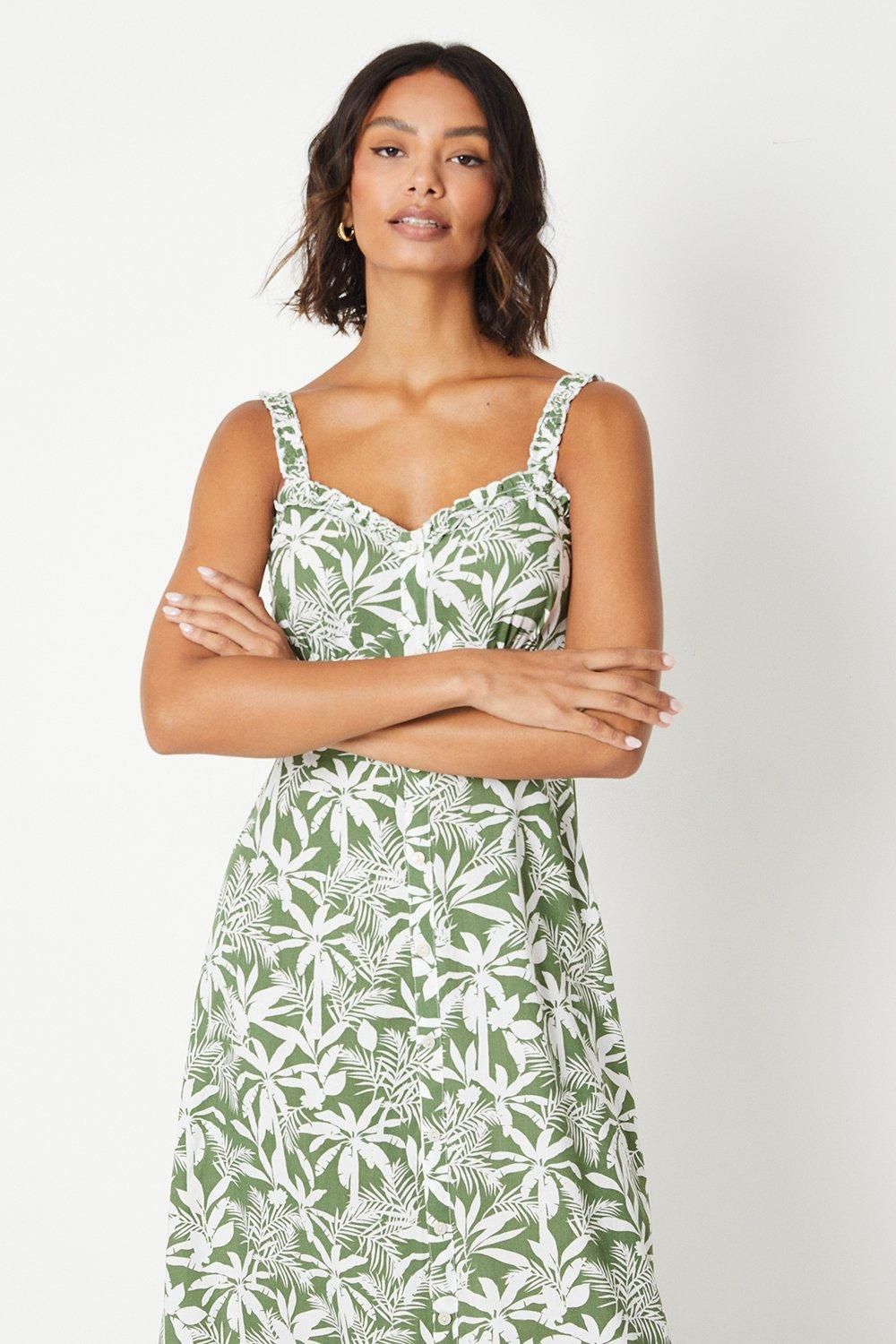 Dorothy Perkins Palm Button Through Frill Neckline Midi Dress Green image 2
