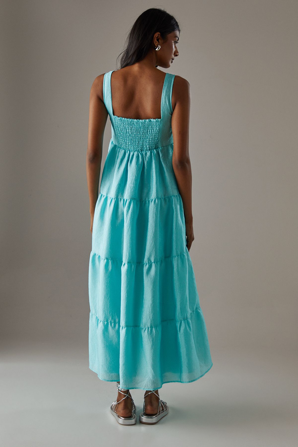 Warehouse Square Neck Smock Midi Dress With Below Pocket Aqua image 3