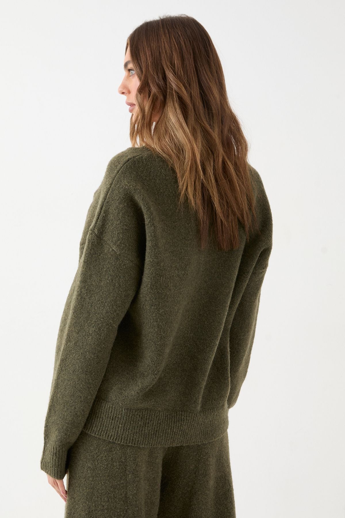 MissPap Oversized Knitted V Neck Rib Detail Jumper Khaki image 3