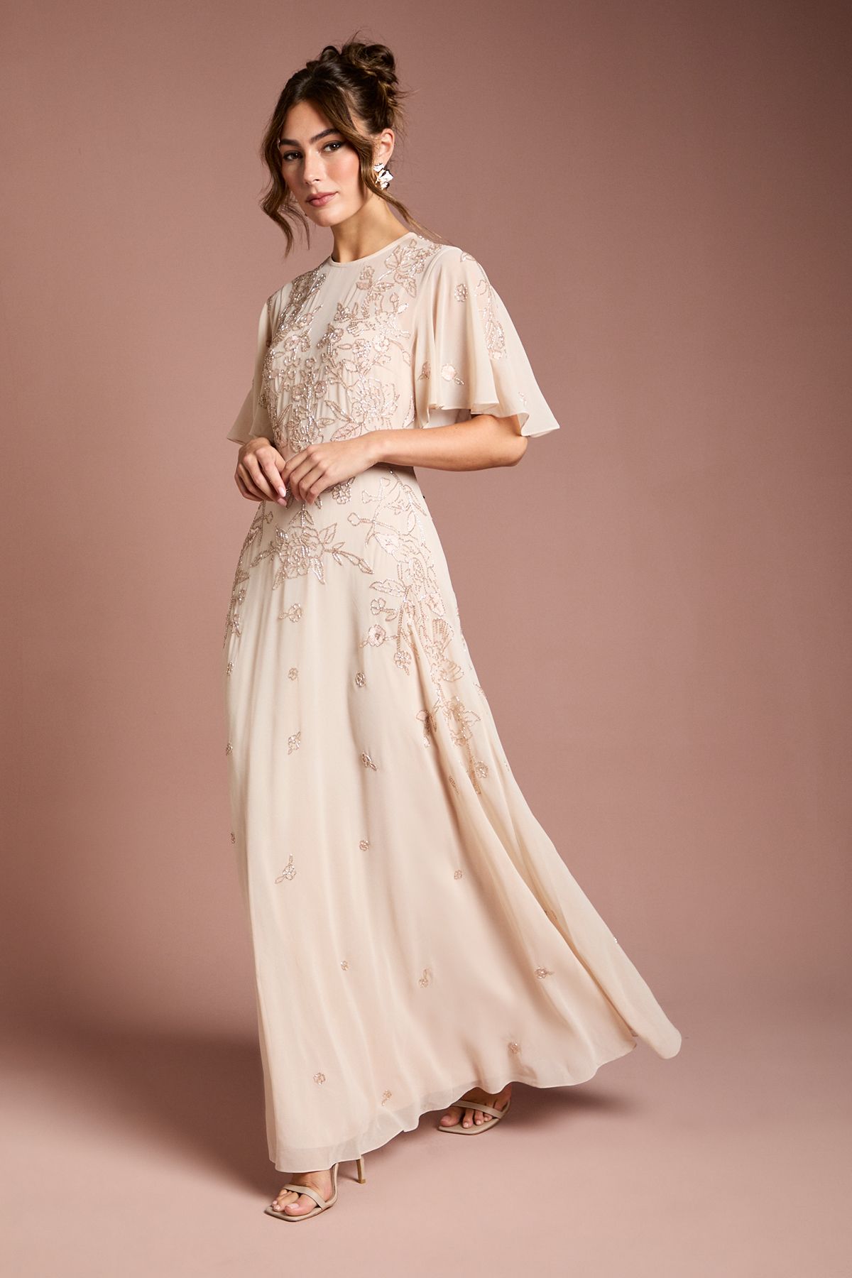 Coast Floral Embroidered And Beaded Angel Sleeve Maxi Dress Blush