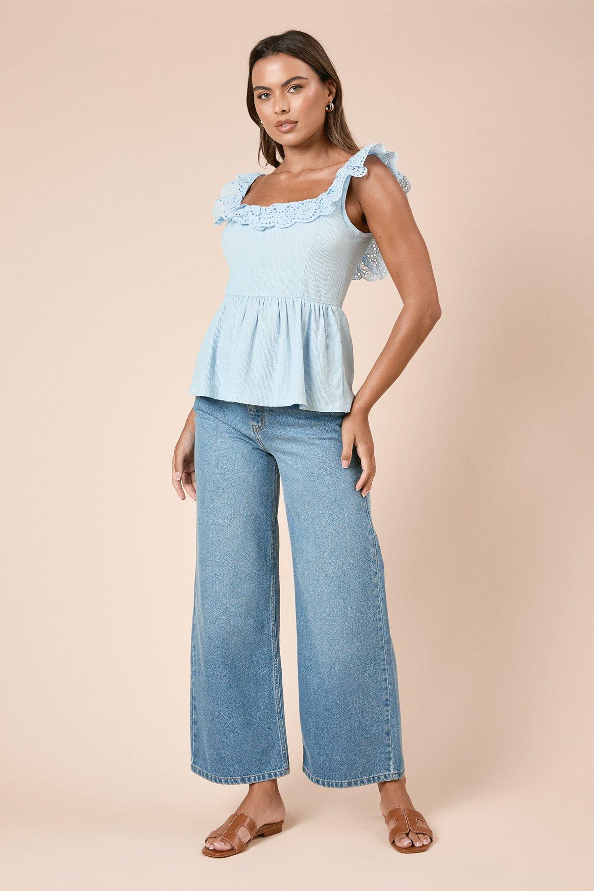 Dorothy Perkins Broderie Sleeve Peplum Jersey Top Pale Blue image 1