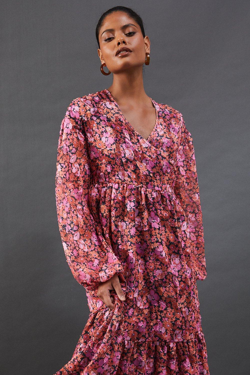 Warehouse Floral Burnout Chiffon Wrap Smock Midi Dress Pink image 4