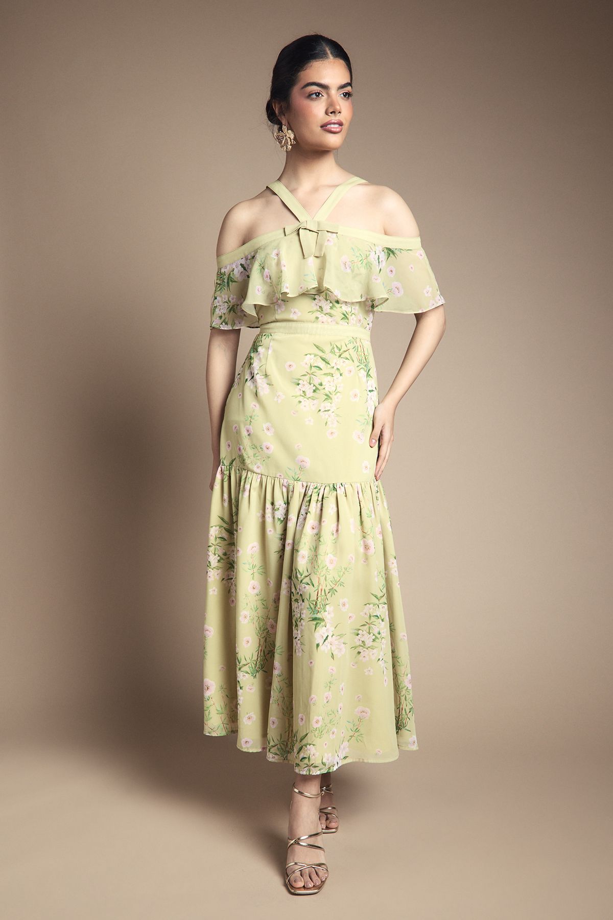 Oasis Bow Detail Halter Neck Bardot Dress Chartreuse