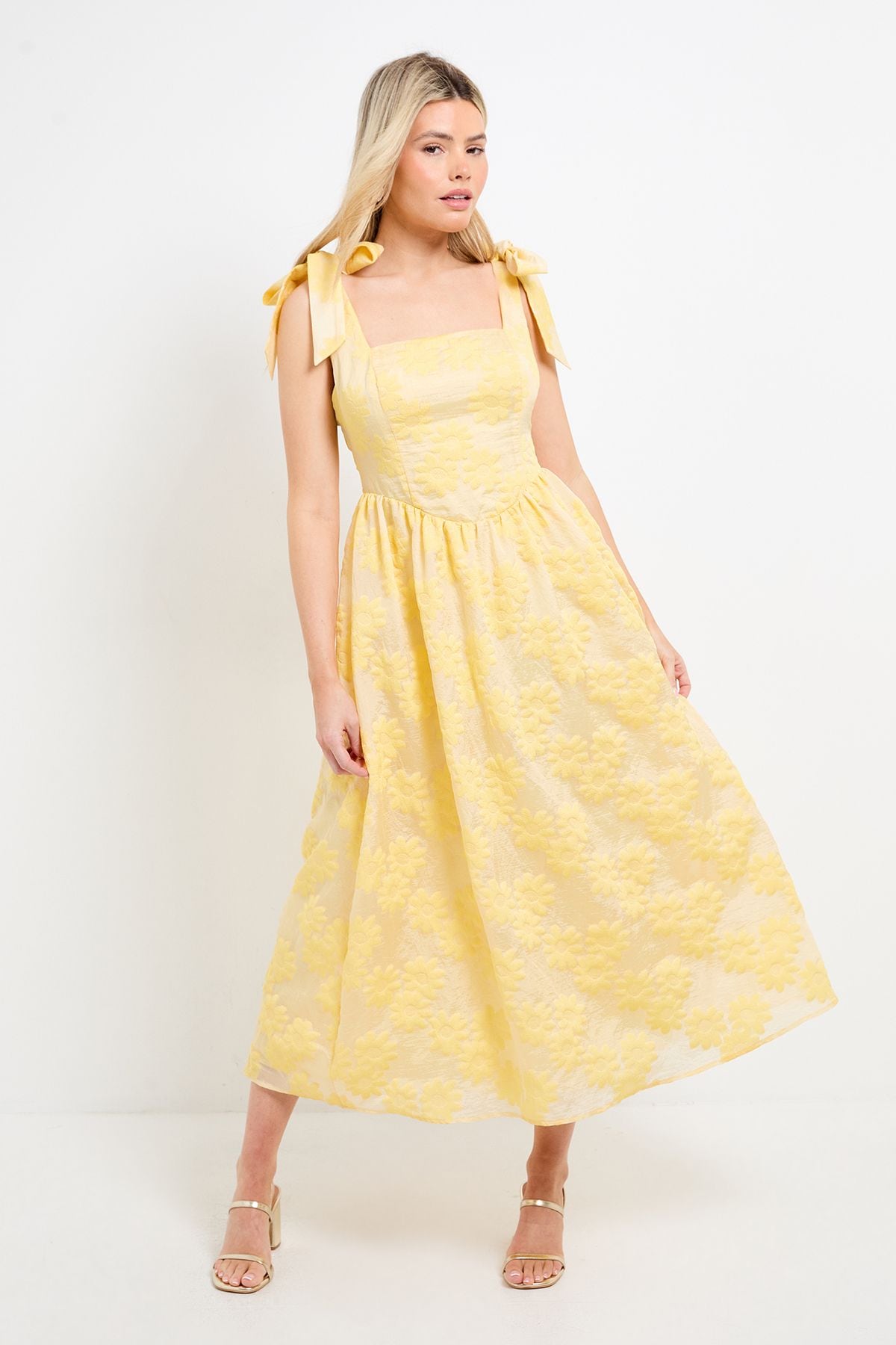 Dorothy Perkins DP Luxe Tie Shoulder Dropped Waist Floral Midi Dress Lemon image 4