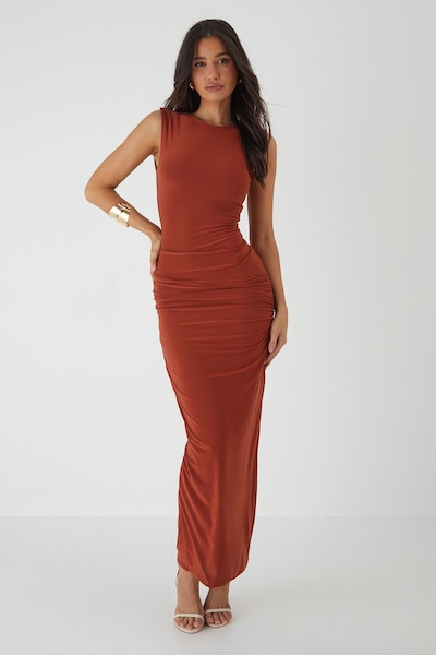 MissPap Slash Neck Cap Sleeve Drape Maxi Dress Rust