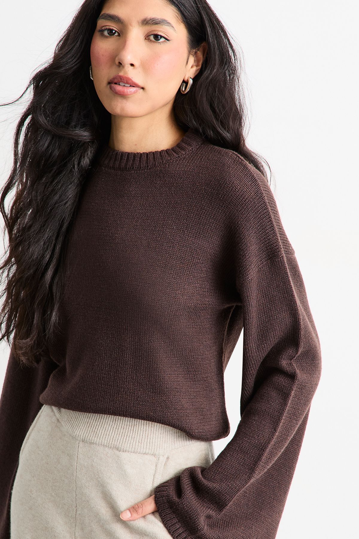 Warehouse Wide Leg Knitted Trouser Co Ord Sand image 2