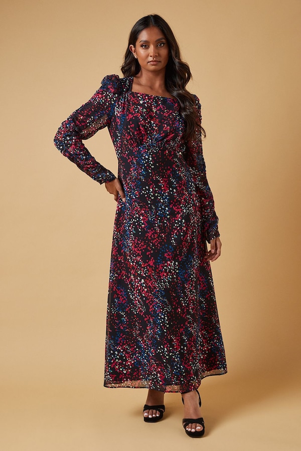 Oasis Occasion Abstract Spot Ruched Sleeve Midaxi Dress Black