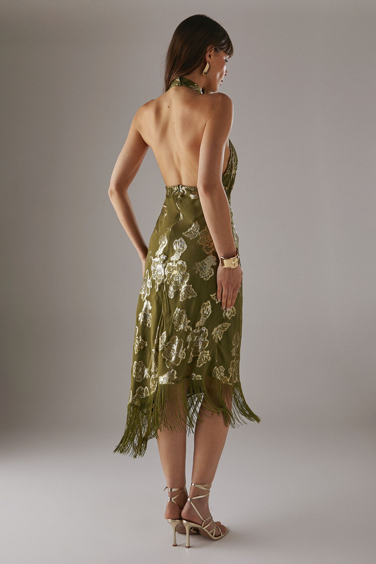 Warehouse Metallic Chiffon Fringe Hem Halter Wrap Front Midi Dress Olive image 3