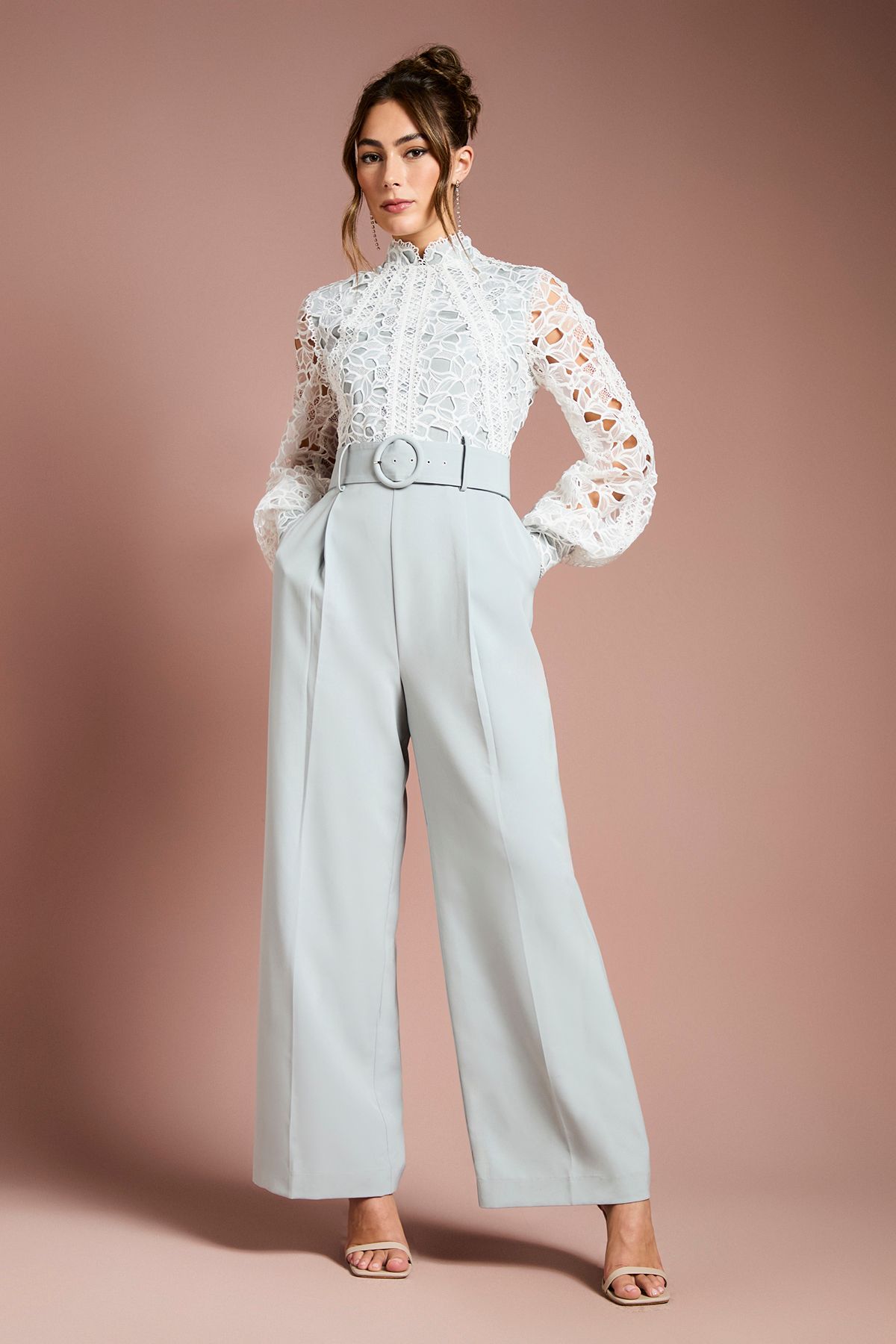 Coast Organza Lace Belted Long Sleeve Jumpsuit Sage image 1